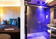 Badezimmer mit Dusche und Wohnraum mit Couch Studio Alpin